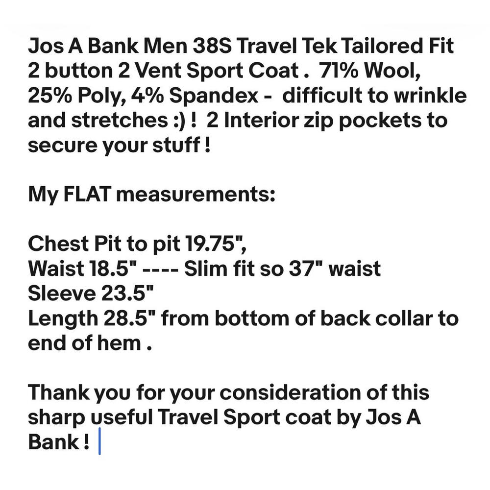 Jos A Bank 38S Travel Tek Sport Coat. Tailored fit - Picture 4 of 14